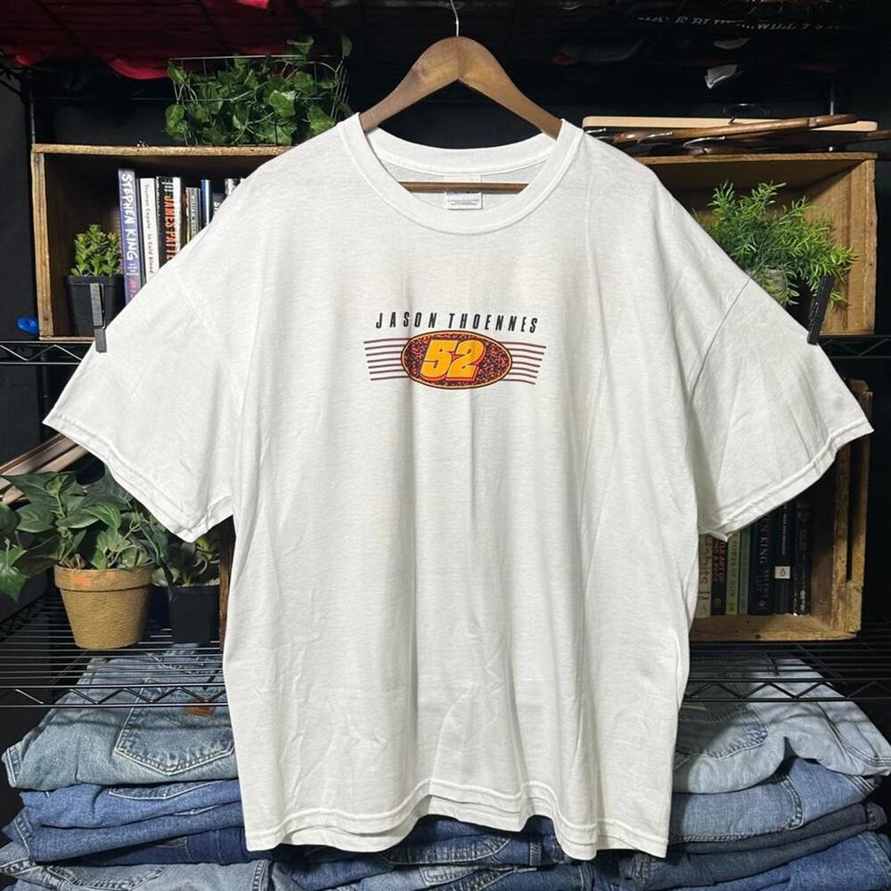 Vintage Y2K NASCAR Racing Tee Mens 2XL White Orange AOP Double Sided Shirt